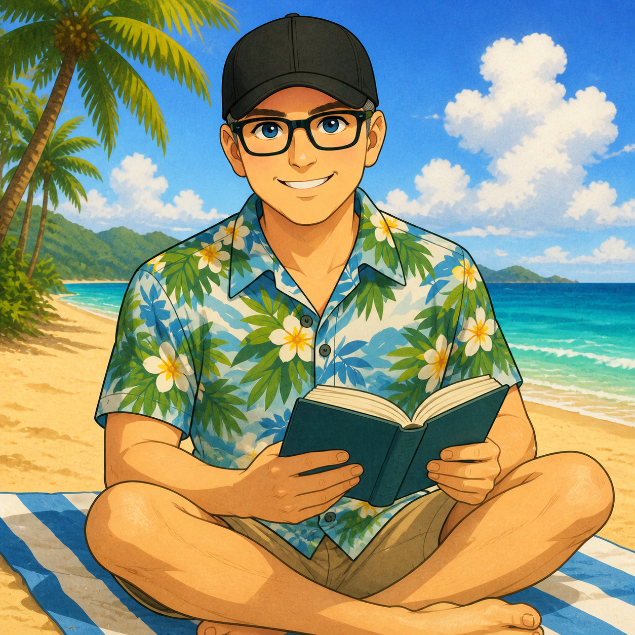 Dr. Jax relaxing on a tropical beach with a book in hand.